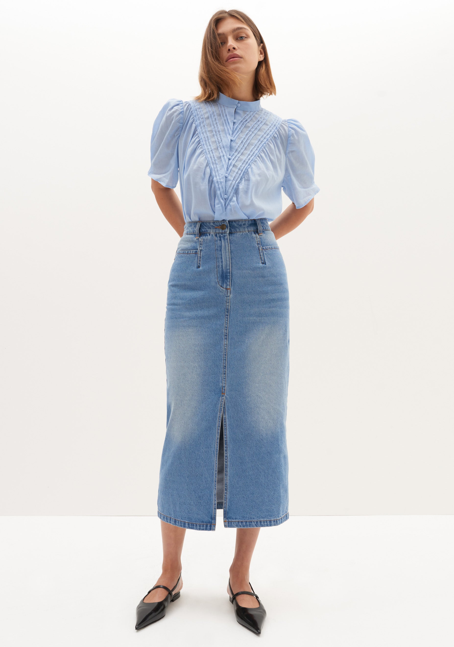 Blue Midi Denim Skirt | Hanni - NewJeans - Fashion Chingu
